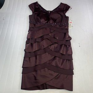 ALEX EVENINGS Women's Petites Embellished Plum Tiered Satin Formal Dress Size 8P